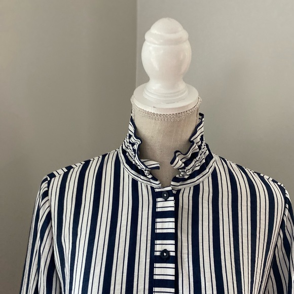 Beau Chemise Navy White Striped Ruffle Collar Button Front Tunic Blouse - Picture 2 of 6